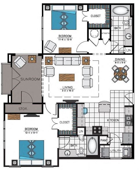 Floor plan for 2 beds, 2 baths, 1254 sqft